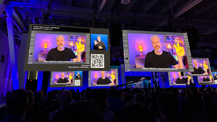 Aidan demoing Camo on the many big screens at Microsoft Build. Aidan demoing Camo on the many big screens at Microsoft Build.