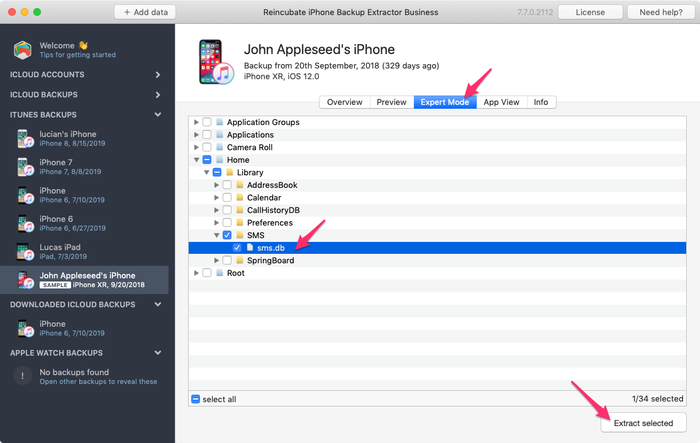 使用iPhone备份提取器提取sms.db Extracting sms.db with iPhone Backup Extractor
