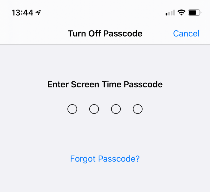 The "Turn Off Passcode" Screen Time dialog on iOS The "Turn Off Passcode" Screen Time dialog on iOS